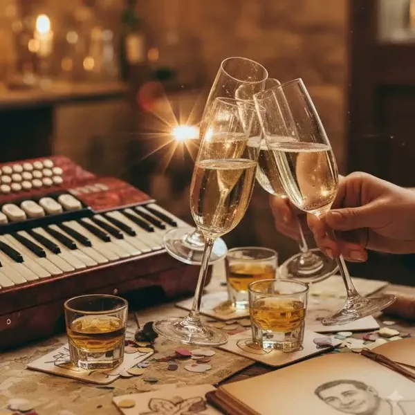 Copertina del brano Grande Fabio: calici che brindano accanto a una fisarmonica
